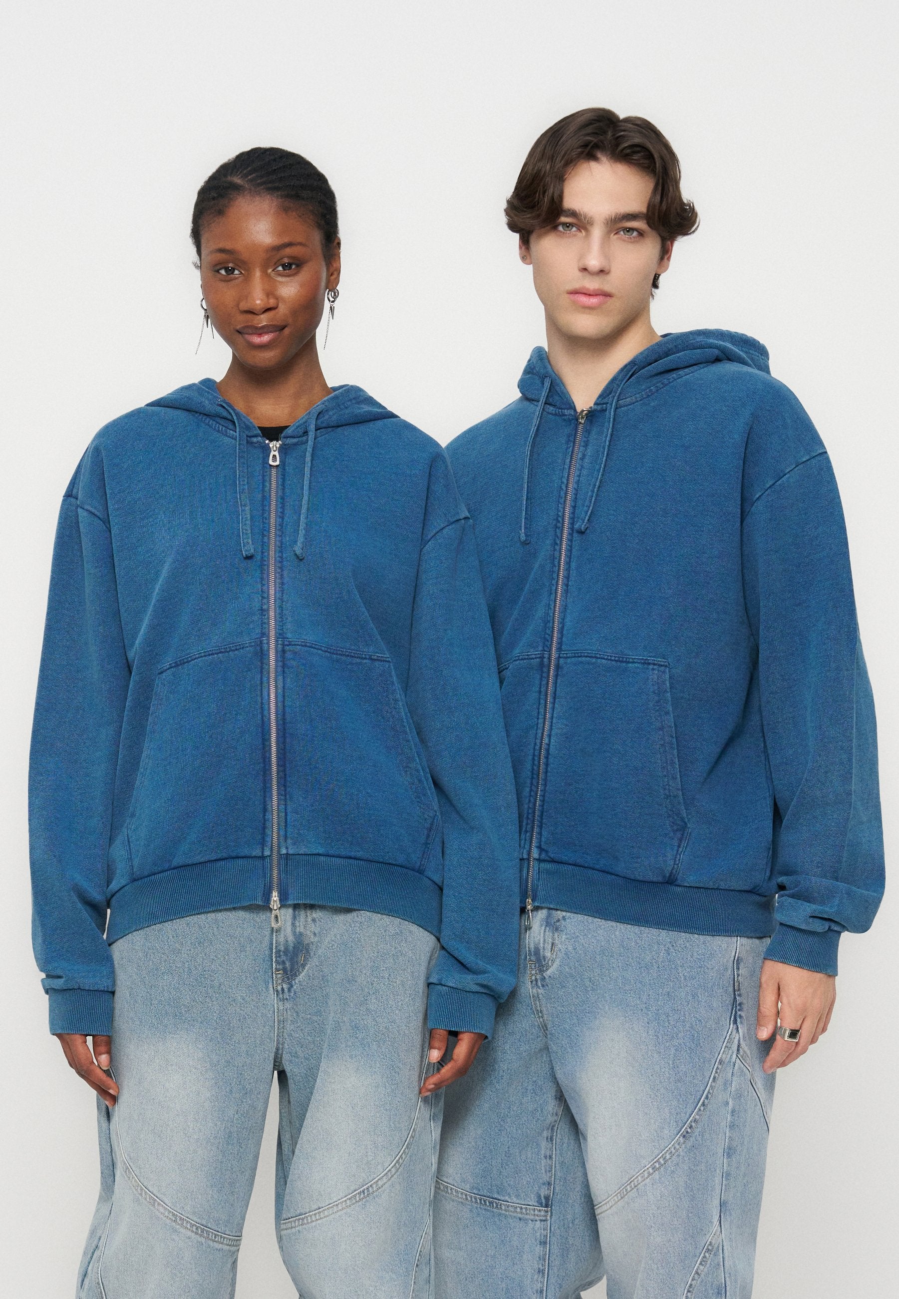 YOURTURN BOXY FIT DENIM LOOK ZIP-UP HOODIE