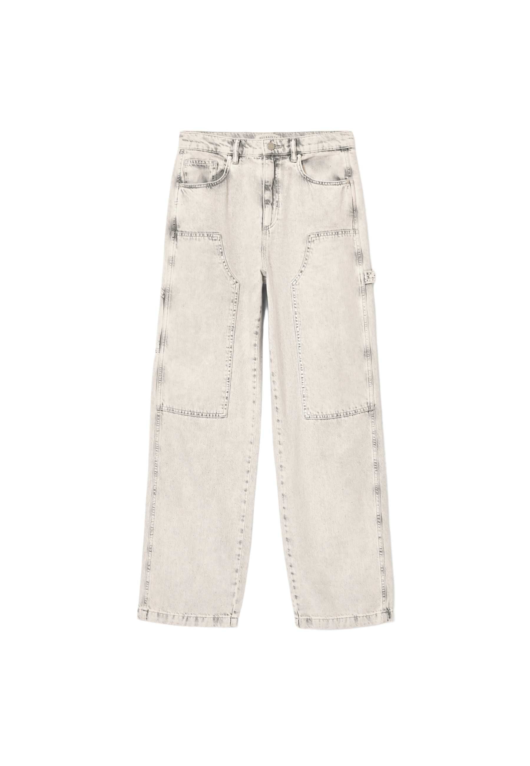 Hellgraue Jeanshose mit lockerem Schnitt, zwei großen Vorderentaschen und einer einzelnen Seitentasche. Veredelt mit Standardnähten und einem Knopfverschluss.