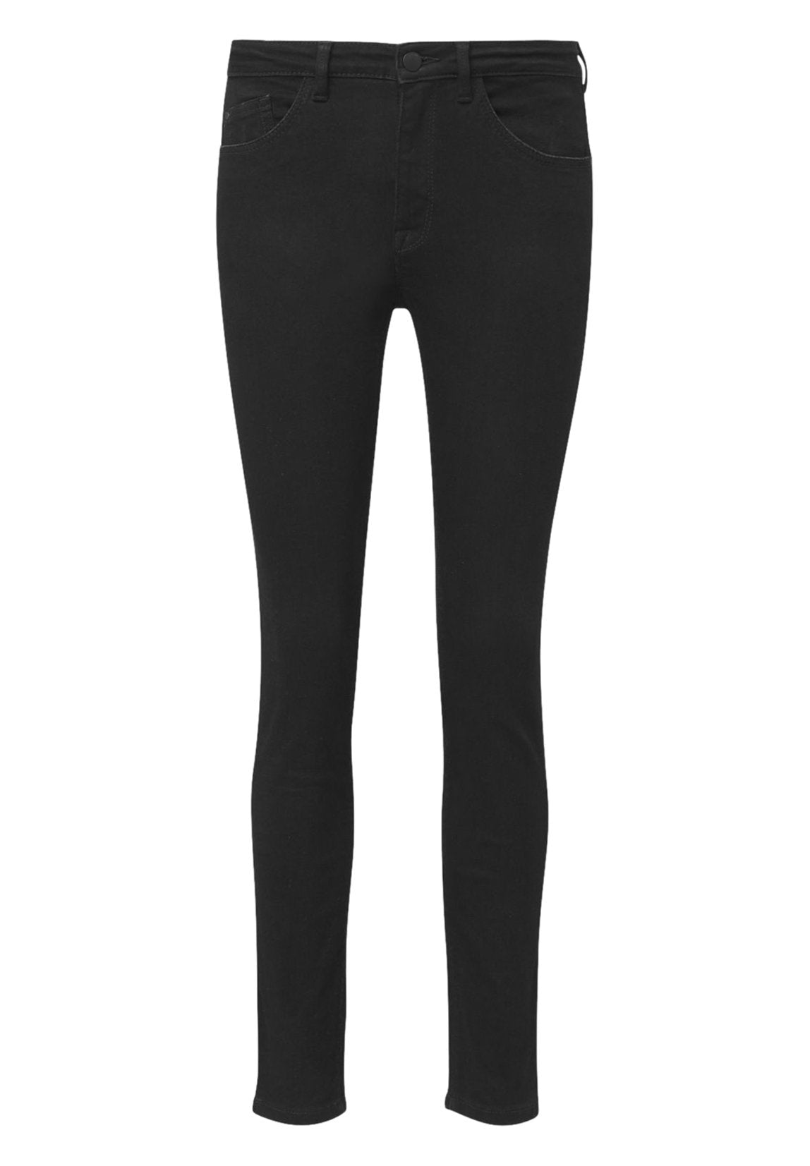 Schwarze Skinny Jeans aus Baumwollmischung, mit klassischem Fünf-Taschen-Design, Gürtelschlaufen und einer glatten, leicht dehnbaren Textur.