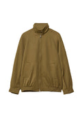 Olivgrüne Jacke aus glattem Stoff mit höherem Kragen, Frontreißverschluss, zwei Seiten Taschen sowie elastischem Saum und Bündchen.