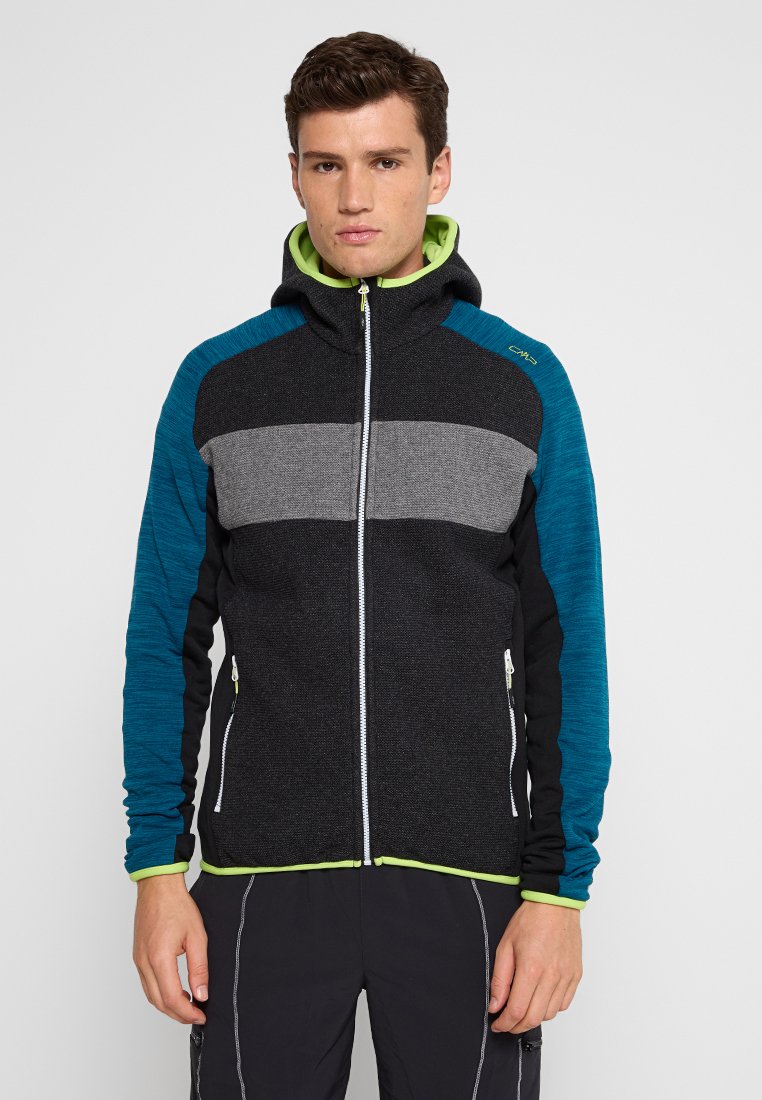 Schwarze und türkisfarbene Zip-Jacke mit einem grauen horizontalen Streifen, ausgestattet mit einer Kapuze, einem Kontrast-Reißverschluss und limettengrünem Saum sowie Bündchen.