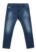 Dunkelblaue Denim-Hose mit Kordelzug in der Taille, Fünf-Taschen-Design, leichte Verwaschung und gerader Beinabschluss. Strapazierfähiger Stoff mit glatter Textur.