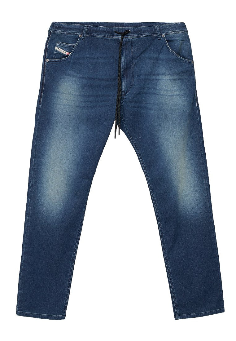 Dunkelblaue Denim-Hose mit Kordelzug in der Taille, Fünf-Taschen-Design, leichte Verwaschung und gerader Beinabschluss. Strapazierfähiger Stoff mit glatter Textur.