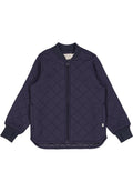 Marineblau gesteppte Jacke mit Reißverschluss, geripptem Kragen und Bündchen. Verfügt über ein Rautenmuster, seitliche Taschen und einen abgerundeten Saum.