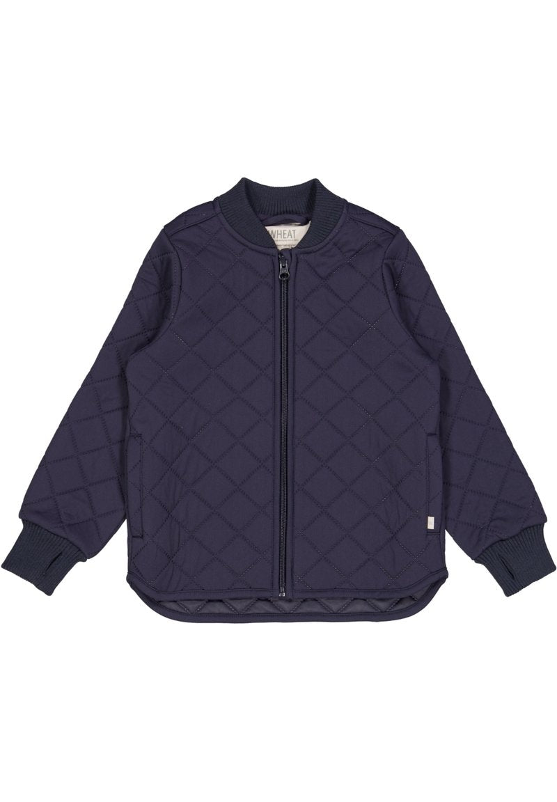 Marineblau gesteppte Jacke mit Reißverschluss, geripptem Kragen und Bündchen. Verfügt über ein Rautenmuster, seitliche Taschen und einen abgerundeten Saum.