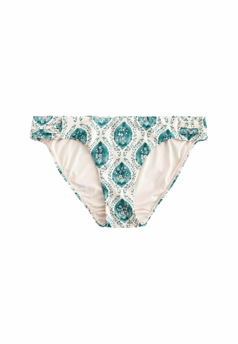 Leicht gepolsterter Bikini-Unterteil mit einem teal- und blumenmuster auf einem cremefarbenen Hintergrund, mit einer weichen, glatten Textur und moderater Abdeckung.