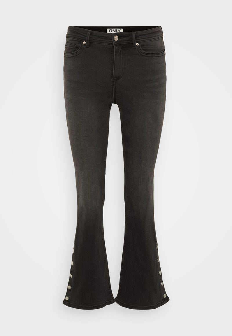 Schwarze Schlagjeans aus Denim, mit metallischen Knopf-Akzenten an der unteren Seite und klassischem Fünf-Taschen-Design.