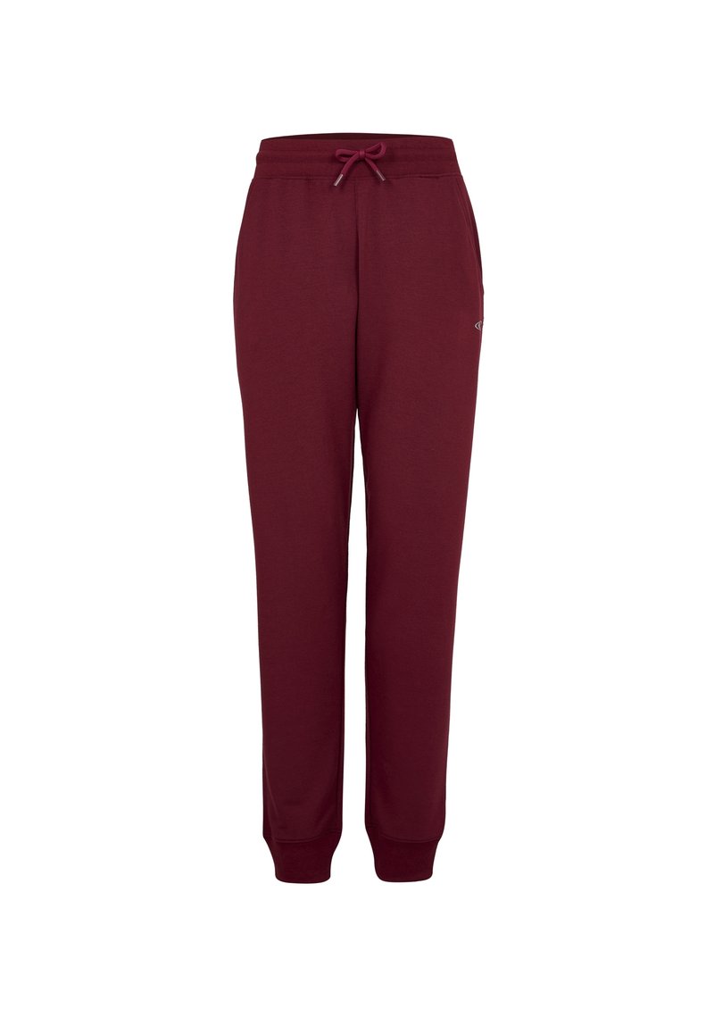 Burgunderrote Sweatpants mit elastischem Bund und verstellbarem Kordelzug. Mit umschlagenen Beinöffnungen und einem kleinen Logodetail an der Seite.