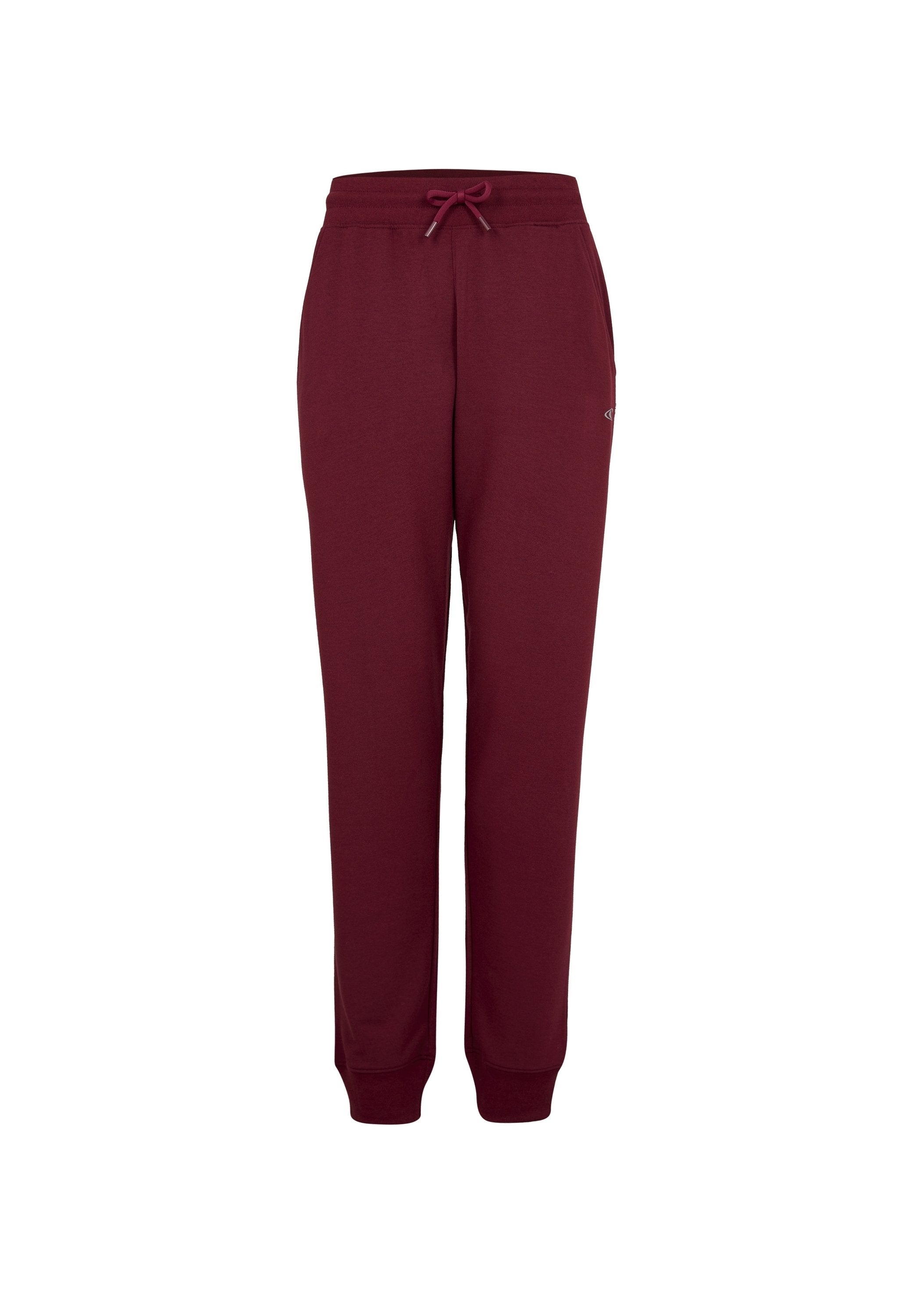 Burgunderrote Sweatpants mit elastischem Bund und verstellbarem Kordelzug. Mit umschlagenen Beinöffnungen und einem kleinen Logodetail an der Seite.