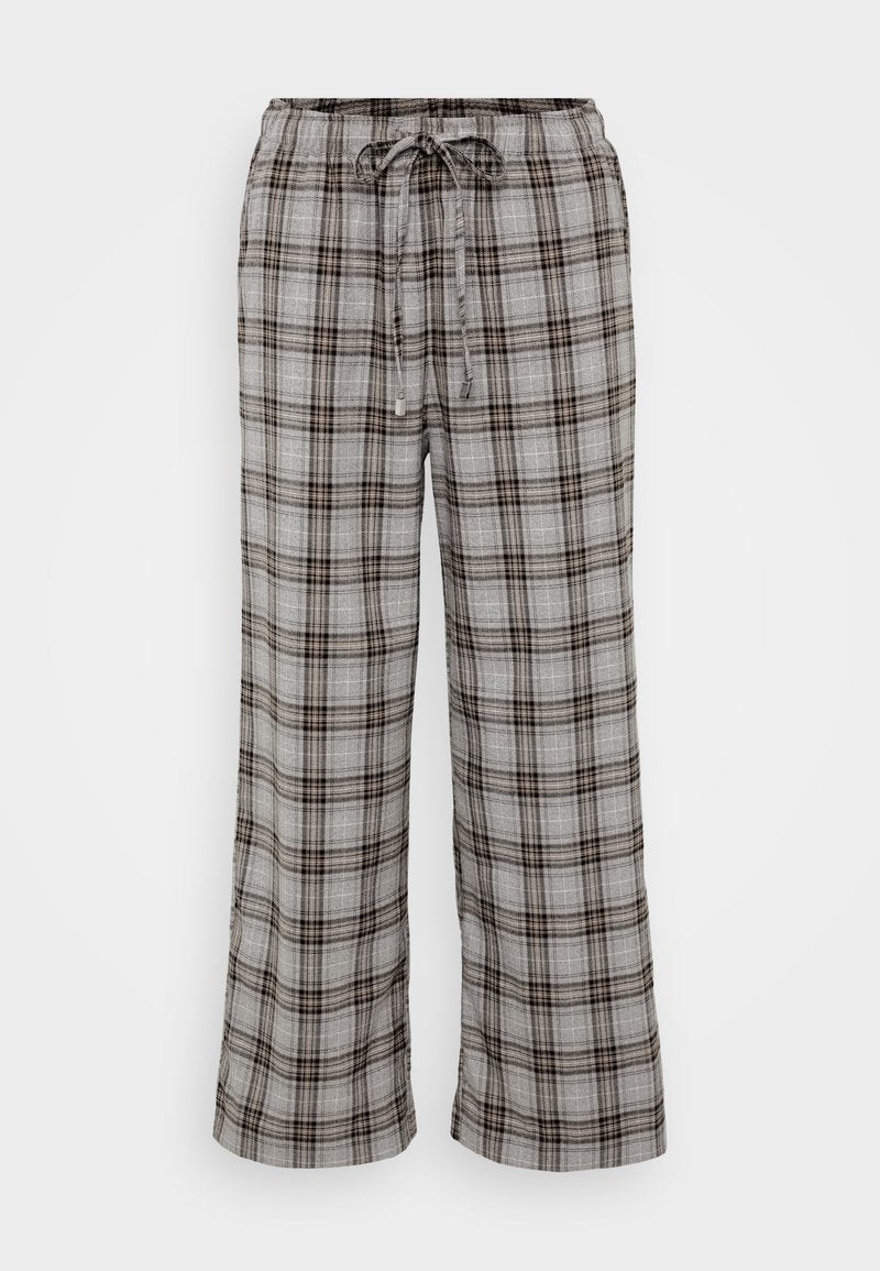 Grau karierte weite Hose aus weichem Stoff mit elastischem Bund und Kordelzug. Verfügt über schwarze und braune Karomuster.