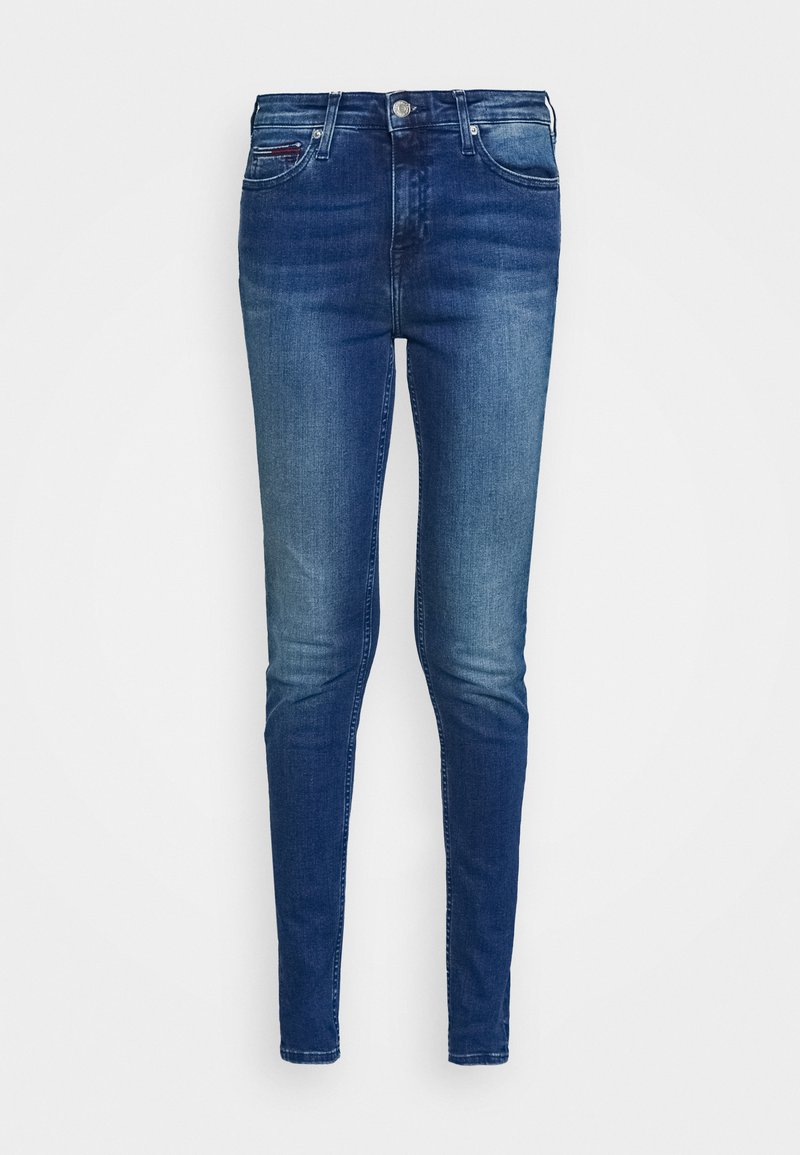Dunkelblaue Skinny-Jeans mit leichter Verblassung an Oberschenkeln und Knien, Knopfverschluss vorne, Reißverschluss und Fünf-Taschen-Design.