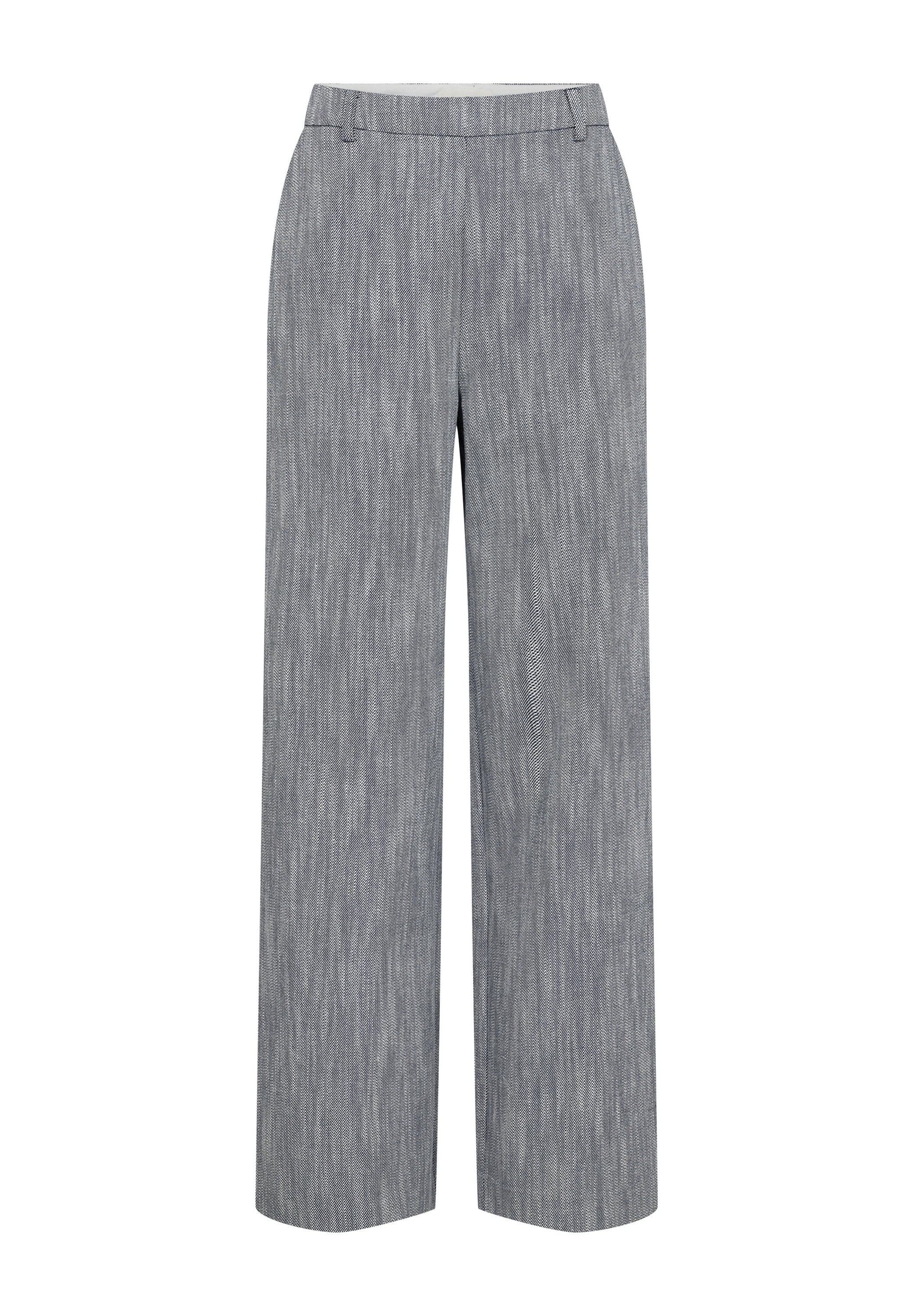 Graue, weit geschnittene Hosen aus einem strukturierten Stoff mit einem dezenten Muster. Mittelhoher Bund und keine sichtbaren Verschlüsse oder Taschen.