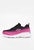 Sportlicher Skechers Sneaker mit schwarzem bis pinkfarbenem Mesh-Obermaterial, weißer gepolsterter Sohle, schwarzen Schnürsenkeln und silbernem "S"-Logo an der Seite.