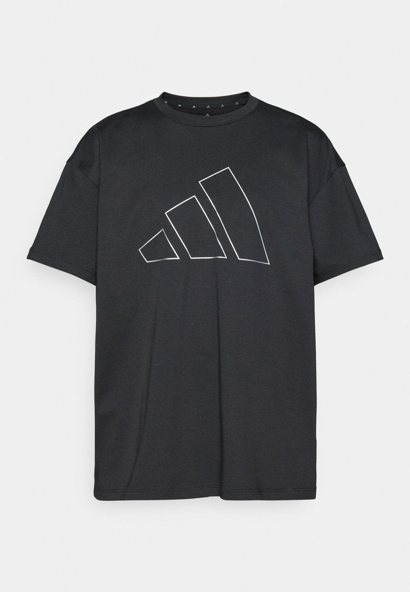 Schwarzes T-Shirt aus glattem Stoff mit einem großen weißen Adidas-Logo in Umrissform. Kurze Ärmel und ein Rundhalsausschnitt.