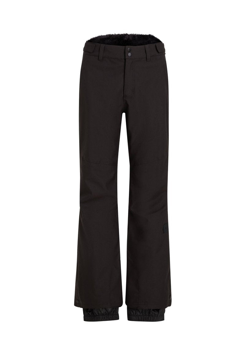 Schwarze Schneehose mit einem weichen, warmen Innenfutter, geraden Beinen und verstellbaren Bündchen. Verfügt über doppelte Knöpfe und einen Logo-Akzent am Bein.