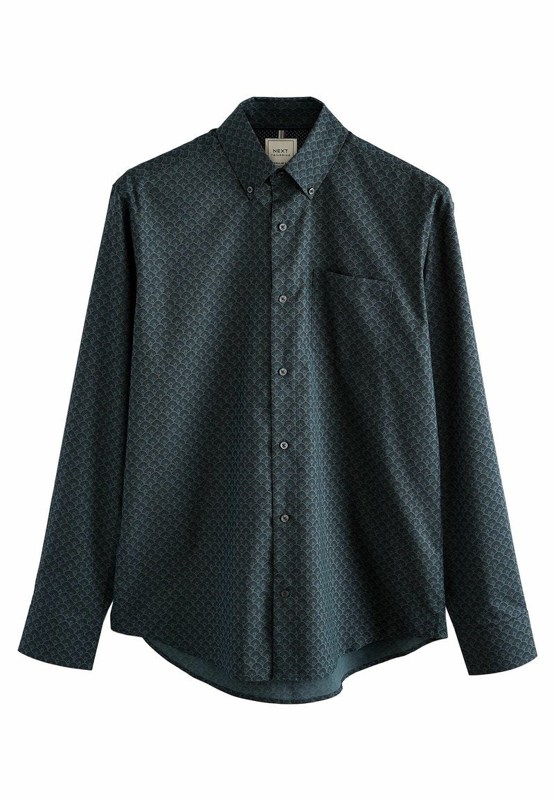 Langärmliges Button-down-Hemd in dunklem Teal mit einem Blattmuster, ausgestattet mit einer linken Brusttasche und einem klassischen Kragen. Strukturierter Stoff.