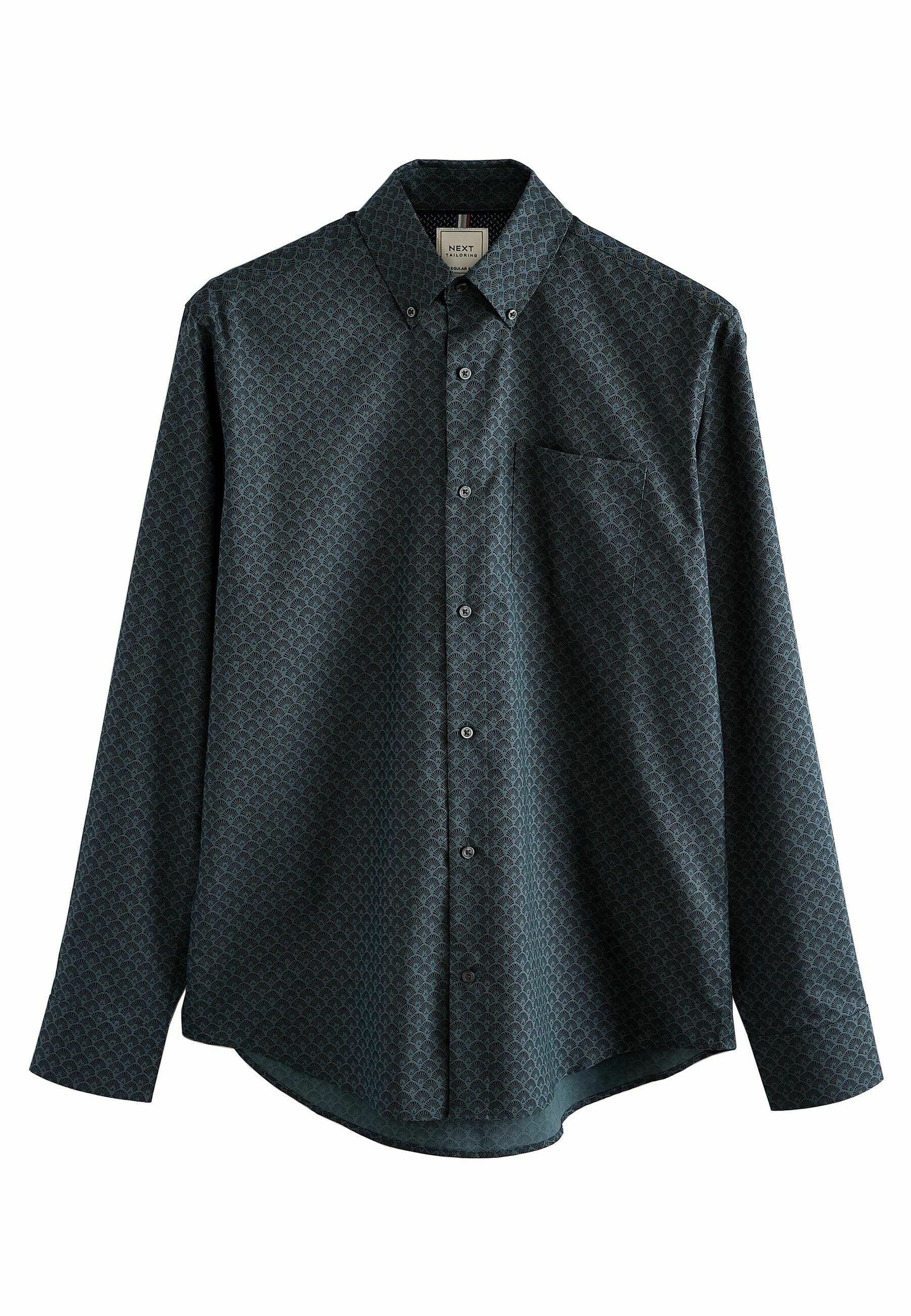 Langärmliges Button-down-Hemd in dunklem Teal mit einem Blattmuster, ausgestattet mit einer linken Brusttasche und einem klassischen Kragen. Strukturierter Stoff.
