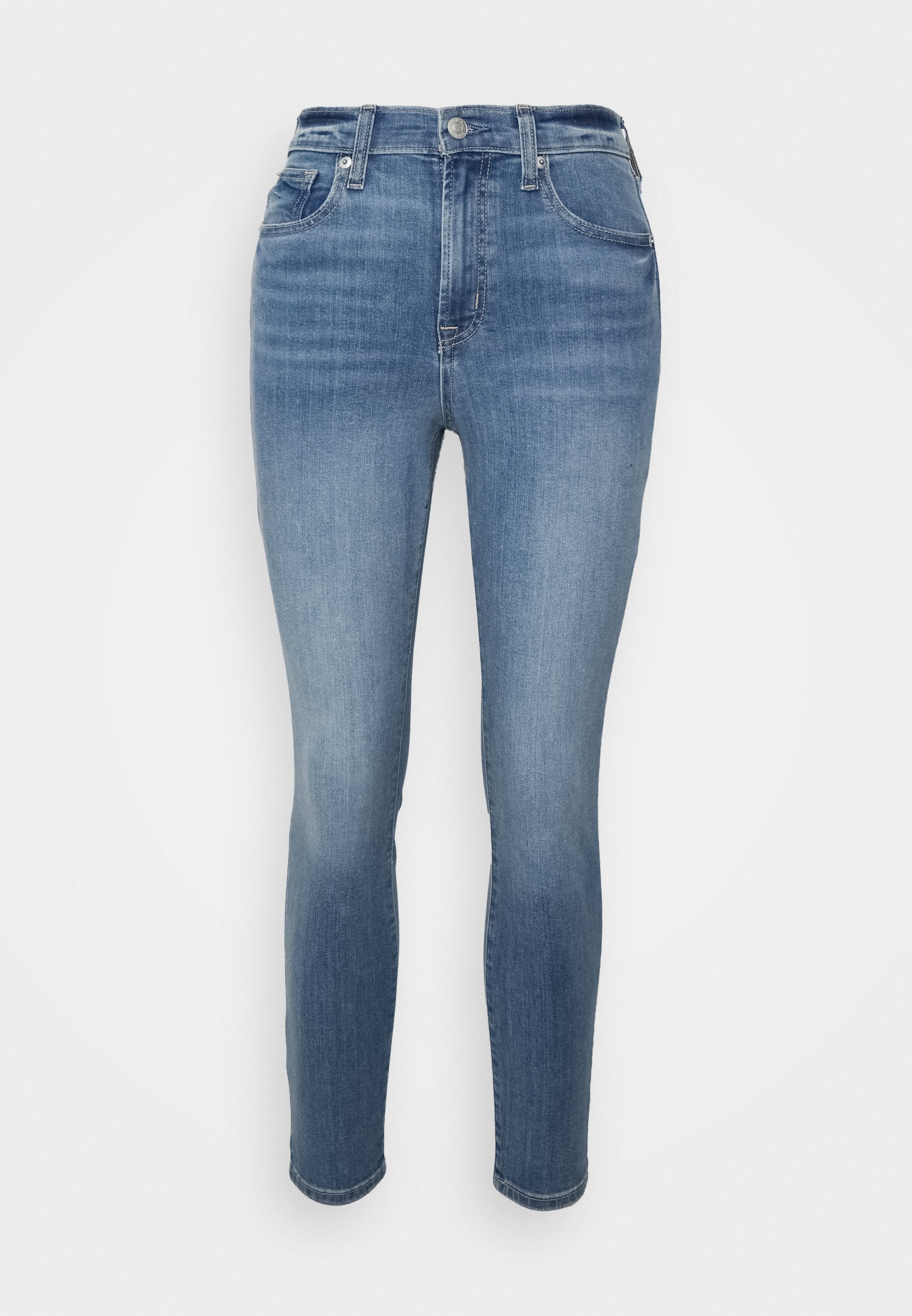 Denim-Jeans in einer mittleren blauen Waschung mit schlankem Schnitt, mit einem mittelhohen Bund, fünf Taschen und dezentem Verblassen entlang der Beine.