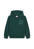 Dunkelgrüner Kapuzenpullover mit gerippten Bündchen. Verfügt über ein V-Ausschnitt-Design und ein großes "HUGO"-Logo in hellerem Grün auf der Vorderseite.