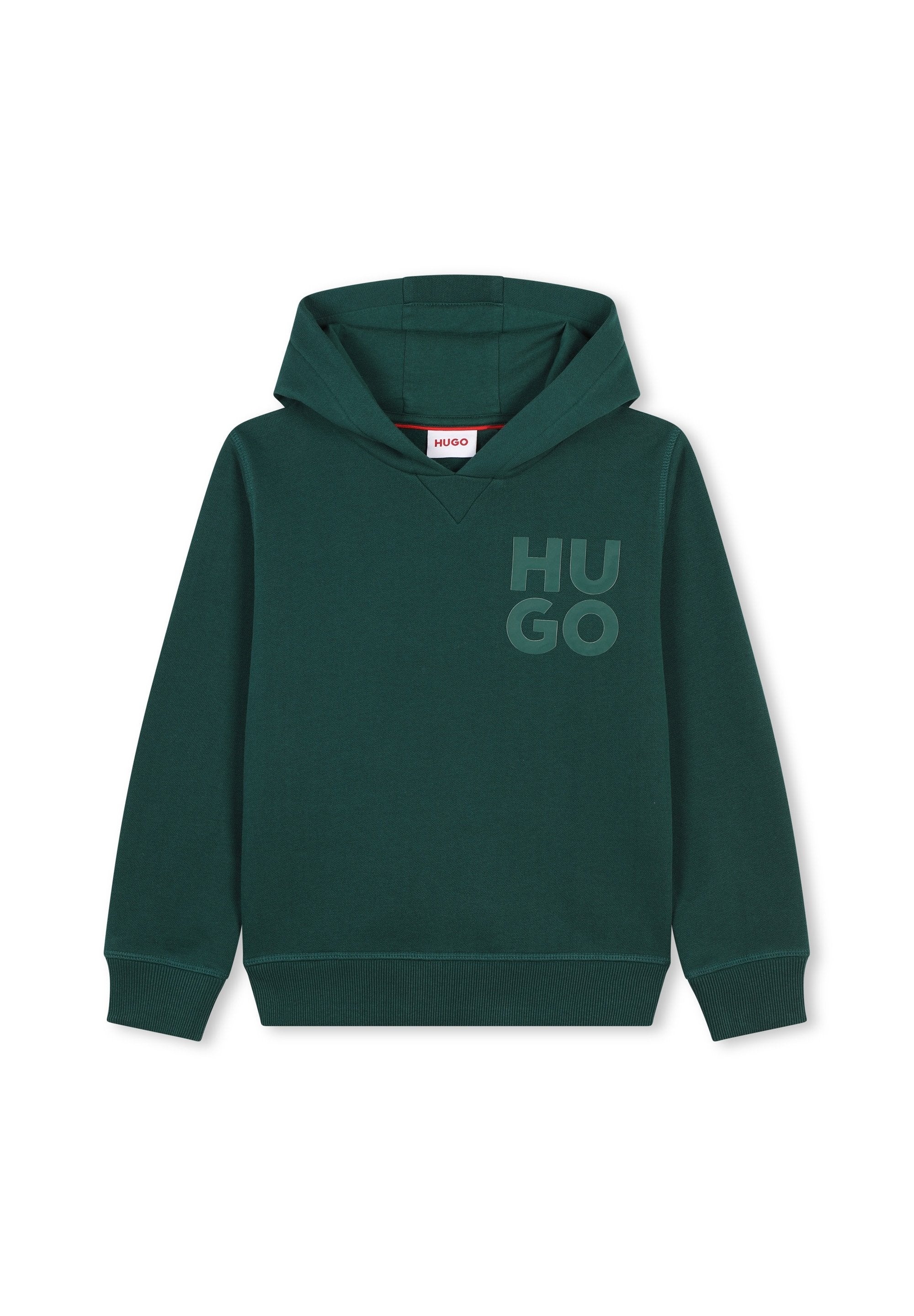 Dunkelgrüner Kapuzenpullover mit gerippten Bündchen. Verfügt über ein V-Ausschnitt-Design und ein großes "HUGO"-Logo in hellerem Grün auf der Vorderseite.