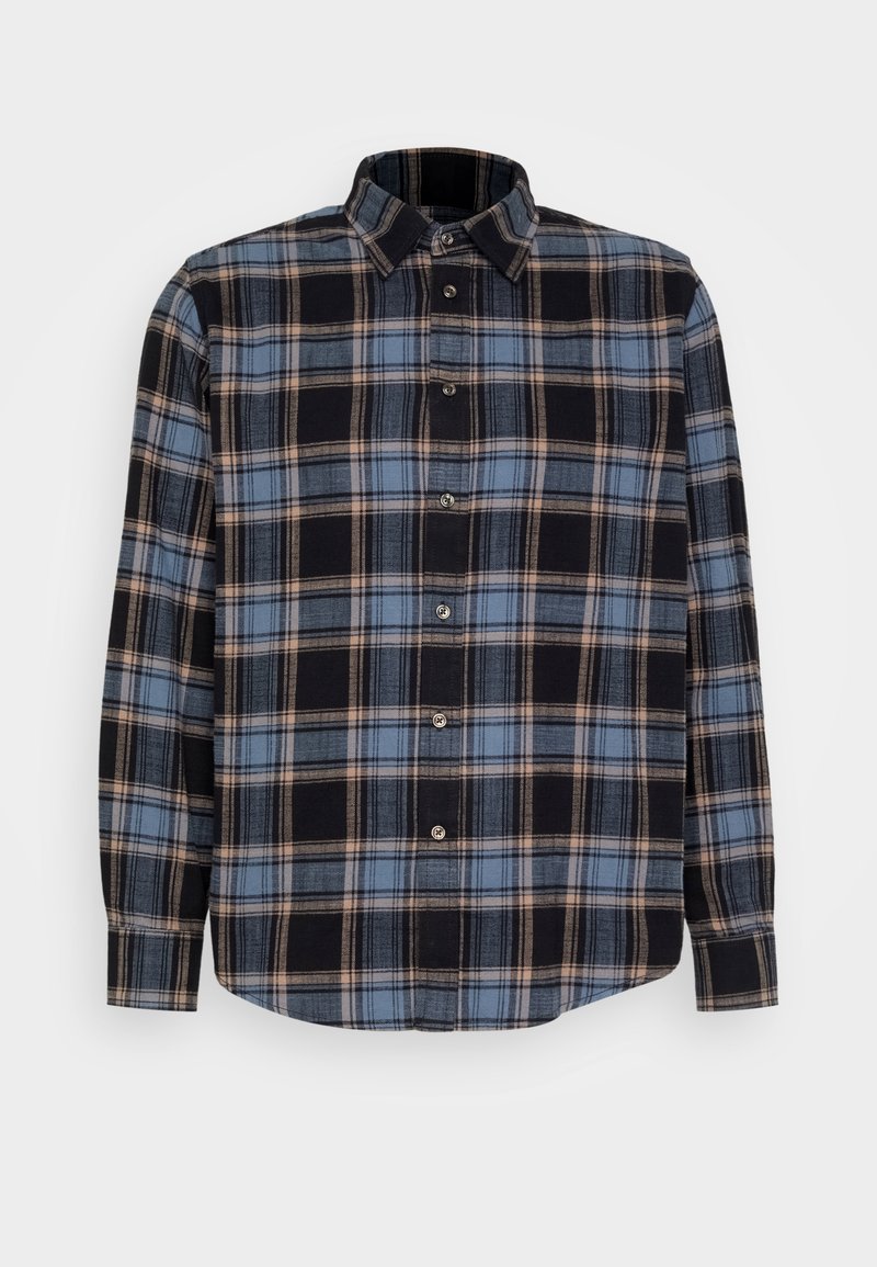 Langärmliges kariertes Hemd in Schwarz, Blau und Beige. Weicher Stoff mit Knopfverschluss, Kragen und leicht abgerundetem Saum. Das Muster besteht aus großen Quadraten.