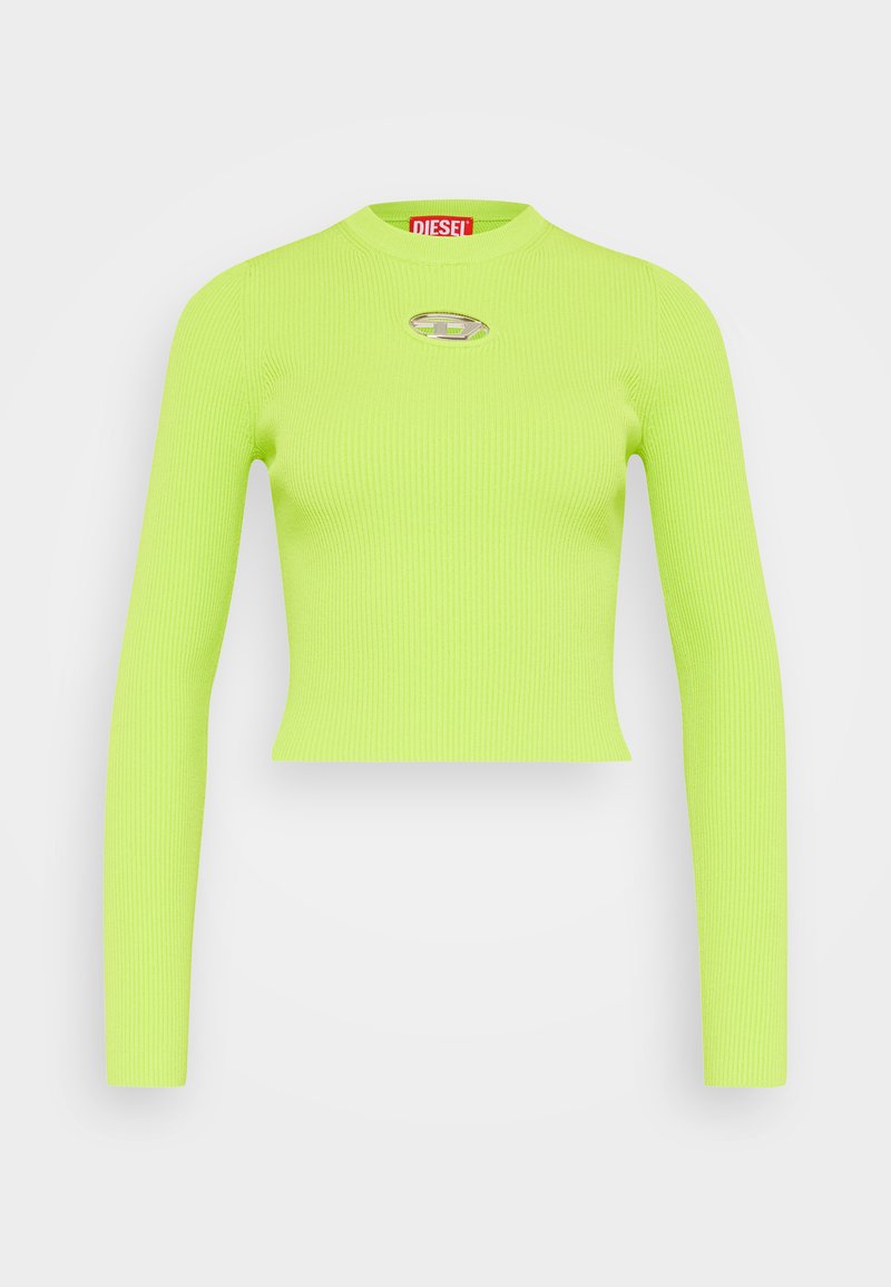 Neon grünes, geripptes Crop-Top mit langen Ärmeln, ausgestattet mit einem runden Halsausschnitt und einem silbernen ovalen Logoakzent auf der Brust.