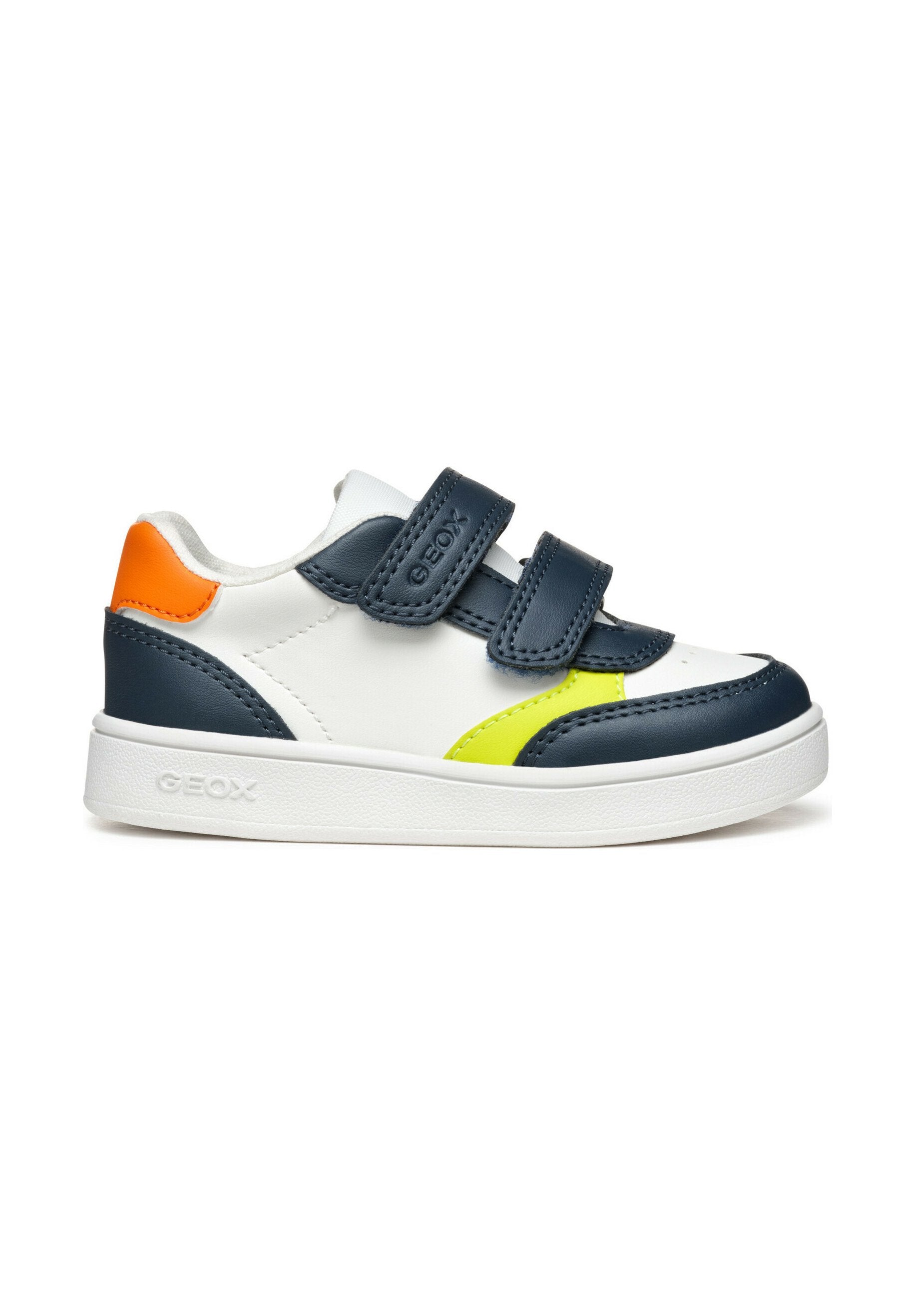 Weißer Sneaker mit navyblauen, limegrünen und orangenen Akzenten. Verfügt über zwei verstellbare Klettverschlüsse und eine strukturierte Laufsohle, gebrandet mit GEOX.