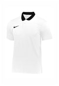 Weißes Poloshirt mit schwarzem Kragen, einer Zweiknopf-Leiste und einem kleinen schwarzen Logo auf der linken Brust. Hergestellt aus leichtem Stoff.