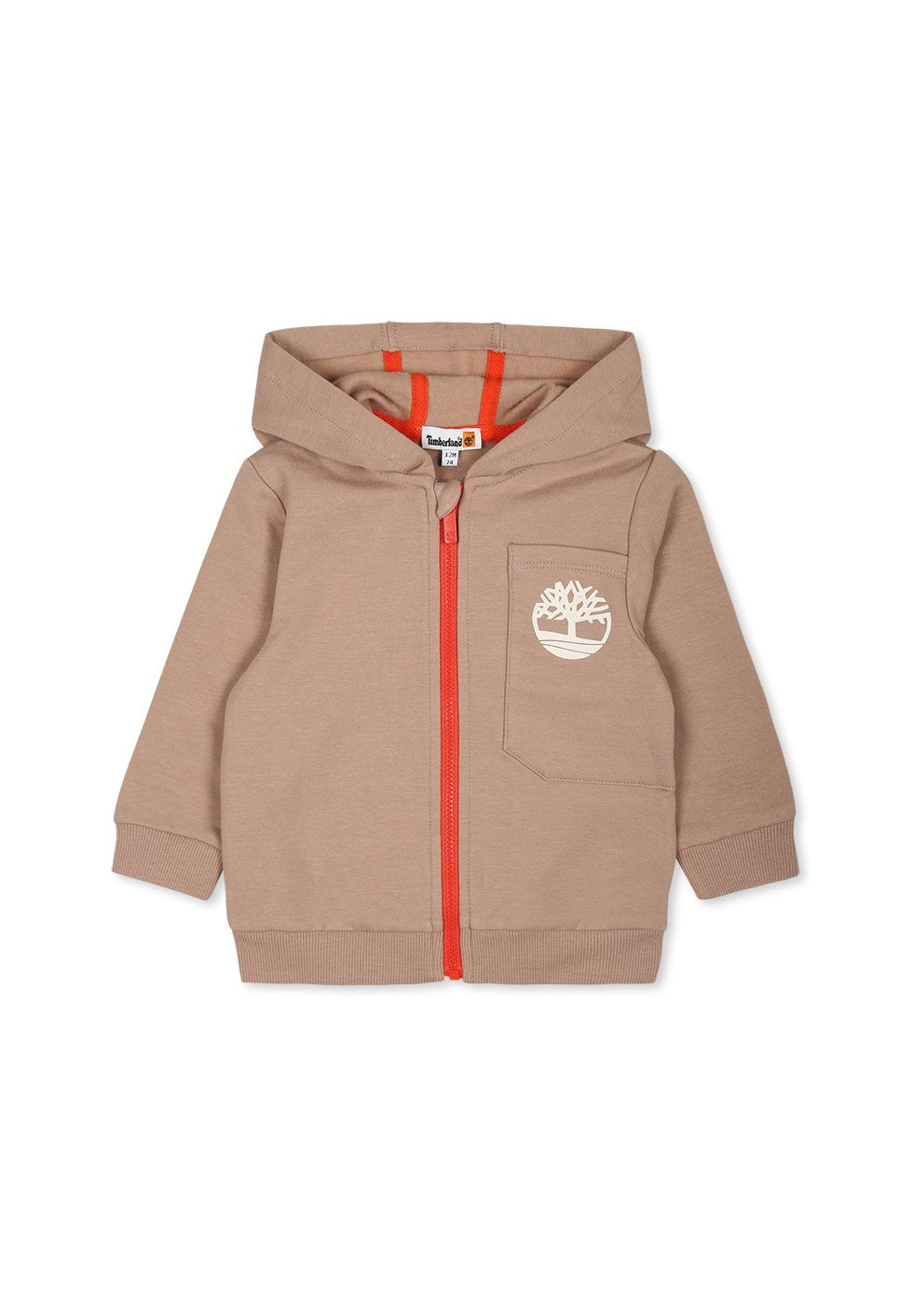 Beige Zip-Hoodie mit orangefarbener Reißverschluß, Fronttasche und weißem Logo. Besitzt eine weiche Textur und eine Kapuze. Eignet sich gut für die Freizeit.