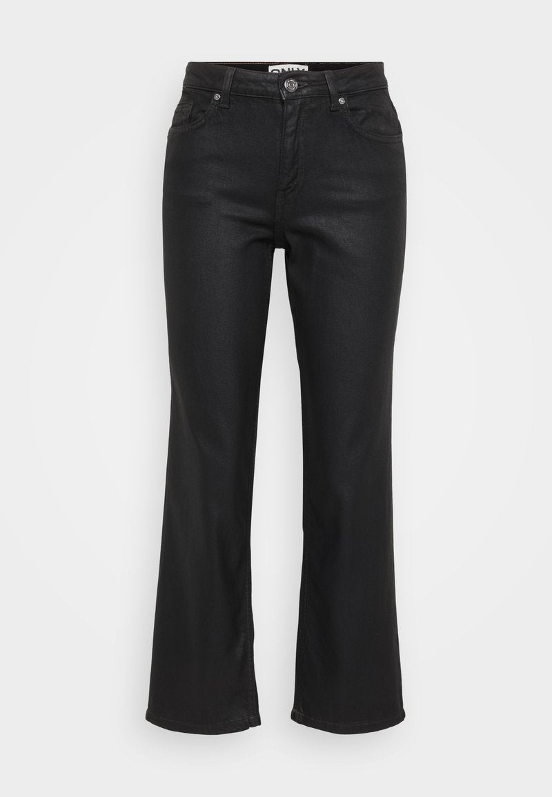 Schwarze, ausgestellte Jeans aus Denim mit einem Frontknopfverschluss, fünf Taschen und einer glatten, leicht glänzenden Textur.