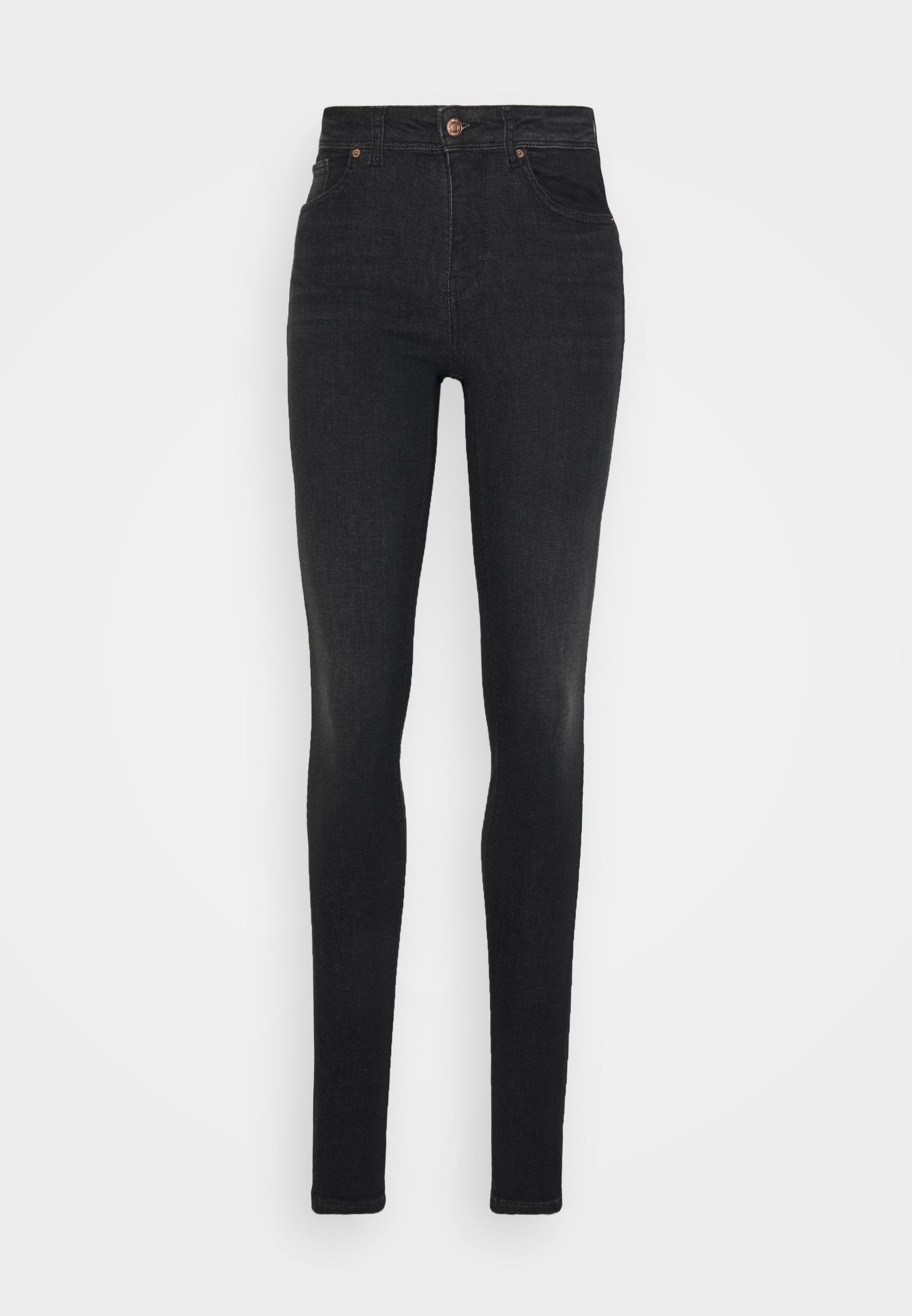 Schwarze Skinny-Jeans aus Denim, mit hohem Bund, Fünf-Taschen-Design und einer dezenten, verblassten Textur sowie Kupferknopf-Details.