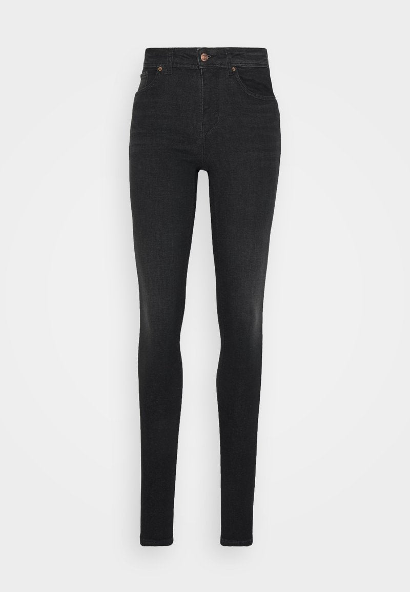 Schwarze Skinny-Jeans aus Denim, mit hohem Bund, Fünf-Taschen-Design und einer dezenten, verblassten Textur sowie Kupferknopf-Details.