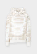Gestreifter Hoodie in Creme und Beige, ausgestattet mit einer Kordelzugkapuze, gerippten Bündchen und einer vorderen Kängurutasche. Der Text "Pecador" ist gestickt.