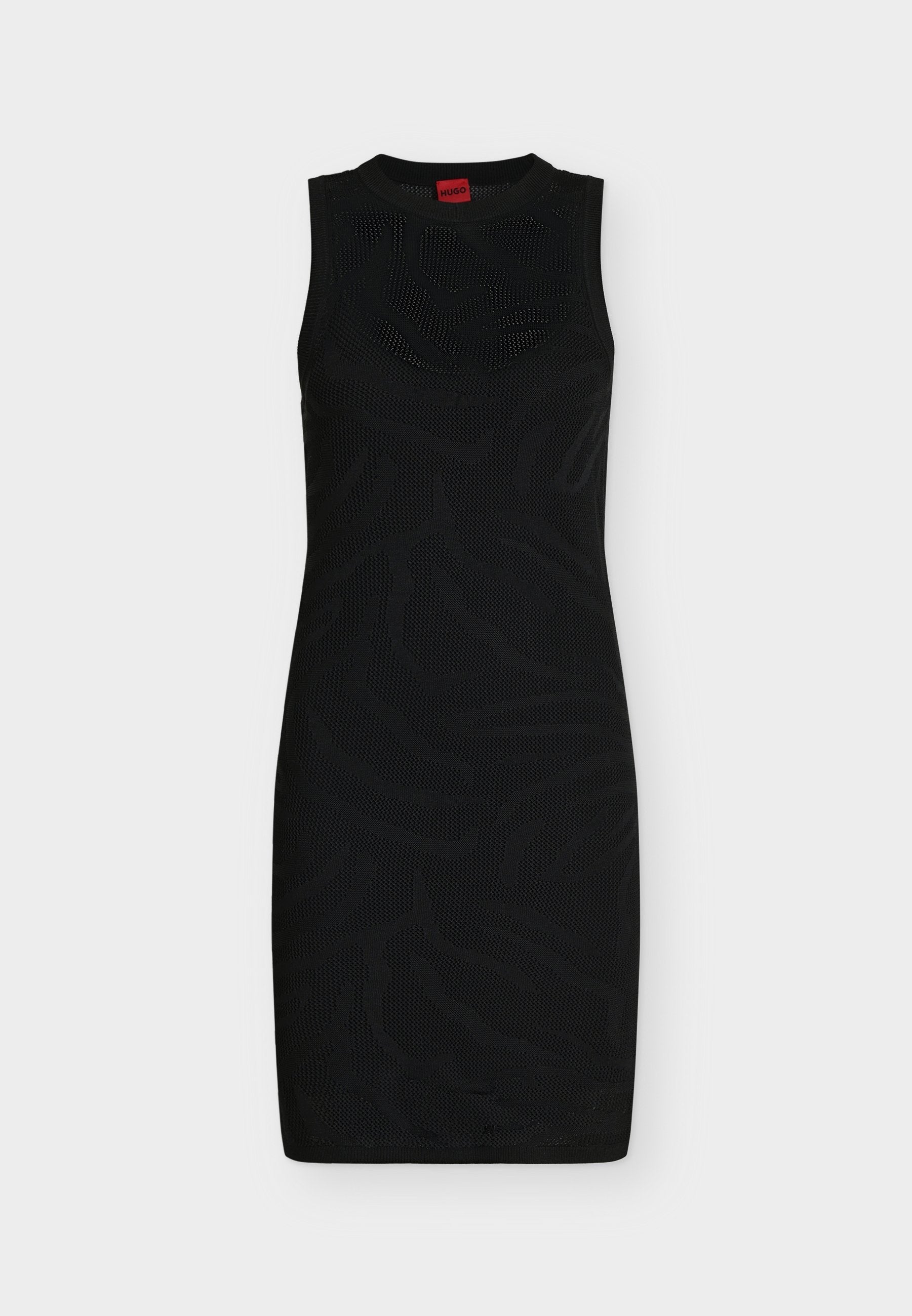 Ärmelloses schwarzes knielanges Kleid mit dezent strukturiertem Tierdruckmuster und rundem Ausschnitt, mit Hugo-Label am Kragen.