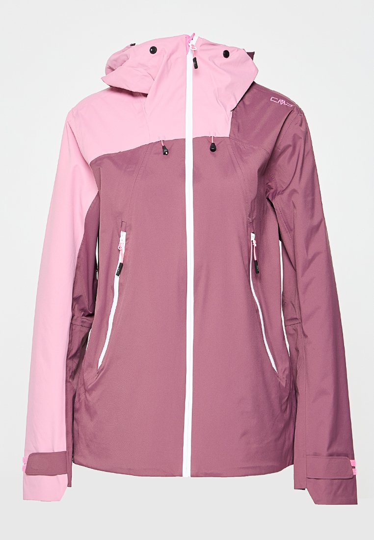 Zweifarbige rosa und mauve Zip-up-Jacke mit Kapuze, verstellbaren Kordeln, vorderen Reißverschlusstaschen und Handgelenkriemen.