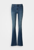 Bootcut-Jeans aus verblasstem blauem Denim, ausgestattet mit vorderen Taschen, hoher Taille und verwaschenen Akzenten mit sichtbaren Nahtdetails.