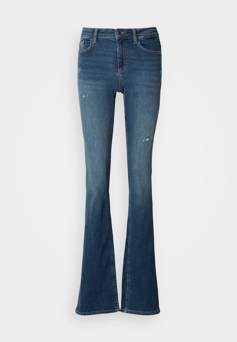 Bootcut-Jeans aus verblasstem blauem Denim, ausgestattet mit vorderen Taschen, hoher Taille und verwaschenen Akzenten mit sichtbaren Nahtdetails.