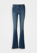Bootcut-Jeans aus verblasstem blauem Denim, ausgestattet mit vorderen Taschen, hoher Taille und verwaschenen Akzenten mit sichtbaren Nahtdetails.