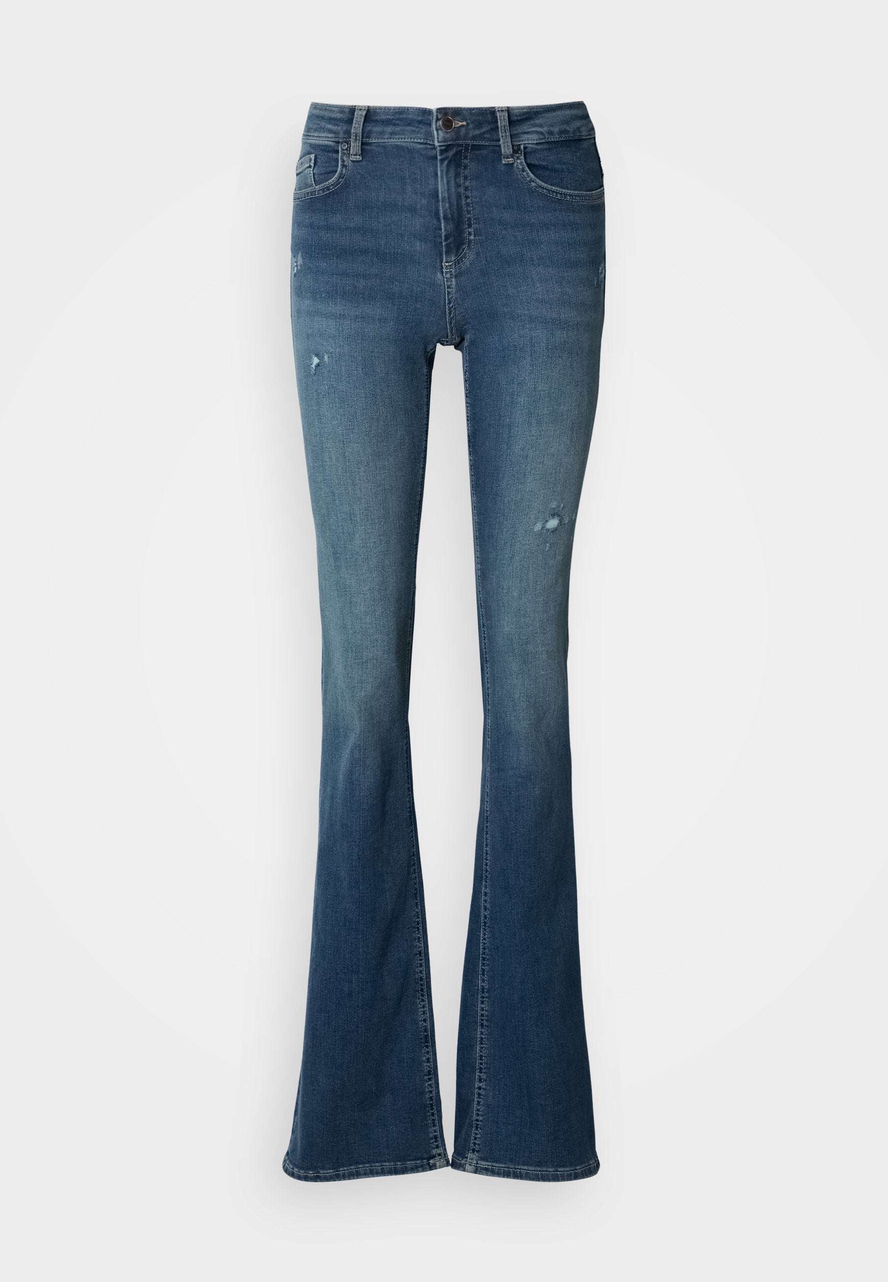 Bootcut-Jeans aus verblasstem blauem Denim, ausgestattet mit vorderen Taschen, hoher Taille und verwaschenen Akzenten mit sichtbaren Nahtdetails.