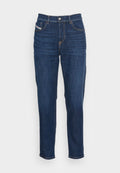Dunkelblaue Jeans aus Denim mit geradem Bein, fünf Taschen, Knopfverschluss und kontrastierenden Nähten.