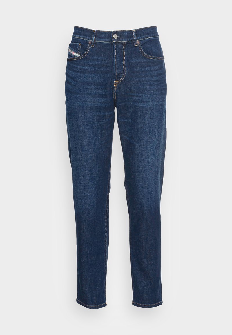 Dunkelblaue Jeans aus Denim mit geradem Bein, fünf Taschen, Knopfverschluss und kontrastierenden Nähten.