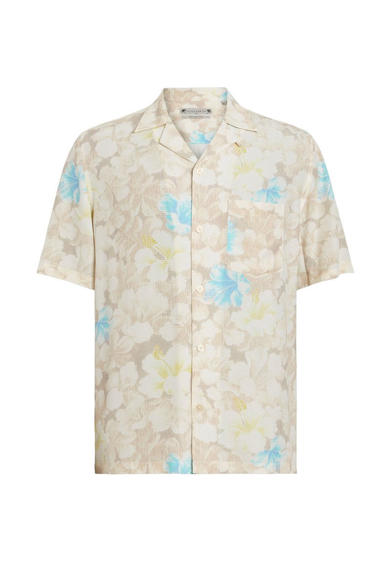 Beige Kurzarm-Hemd mit Knöpfen, versehen mit einem hellblauen, weißen und gelben Blumenmuster sowie einer Brusttasche.
