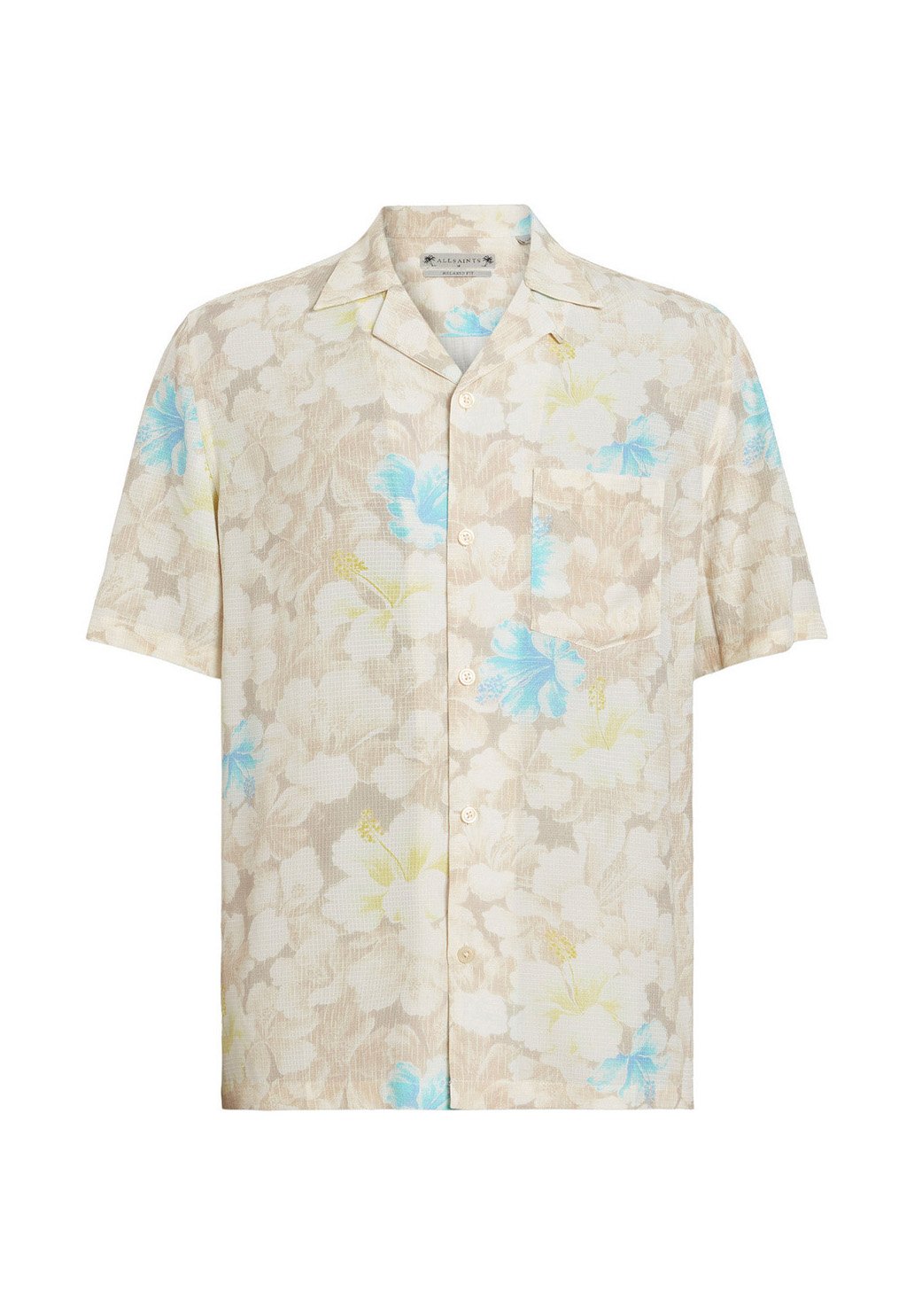 Beige Kurzarm-Hemd mit Knöpfen, versehen mit einem hellblauen, weißen und gelben Blumenmuster sowie einer Brusttasche.