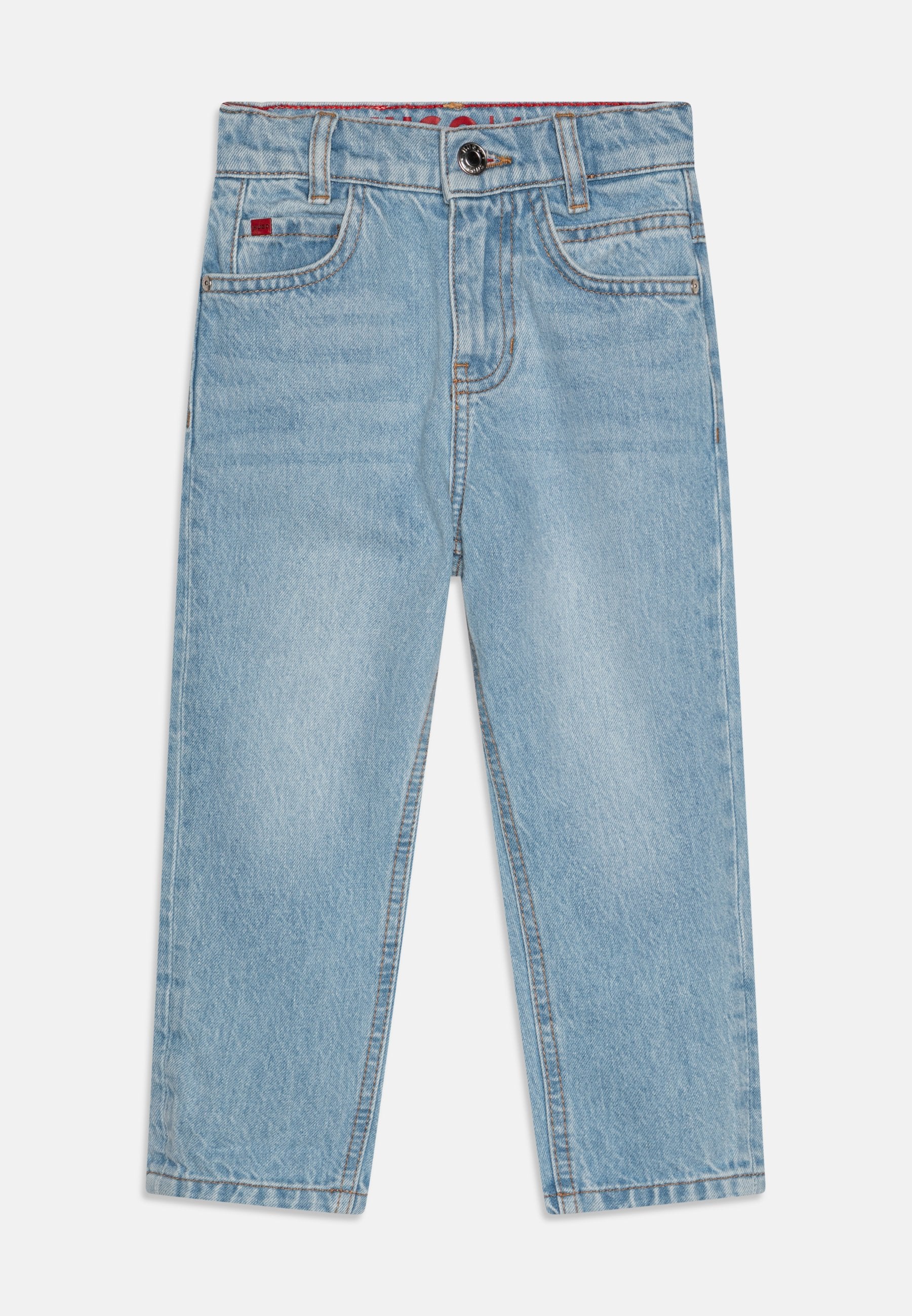 Hellblaue Denim-Jeans mit geradem Schnitt, fünf Taschen-Design und kontrastierenden Nähten. Verfügt über einen Metallknopfverschluss und Gürtelschlaufen.