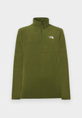 Olivgrüner Fleece mit langen Ärmeln, Viertel-Reißverschluss und The North Face-Logo auf der linken Brust vor hellem grauem Hintergrund.