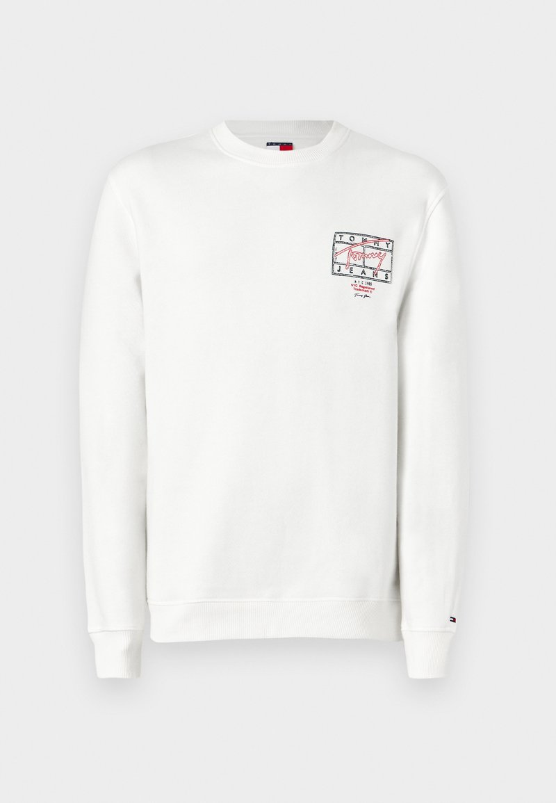 Weißer Langarm-Sweatshirt mit Rundhalsausschnitt, kleinem Grafiklogo und Text auf der linken Brust, gerippte Bündchen und Saum.