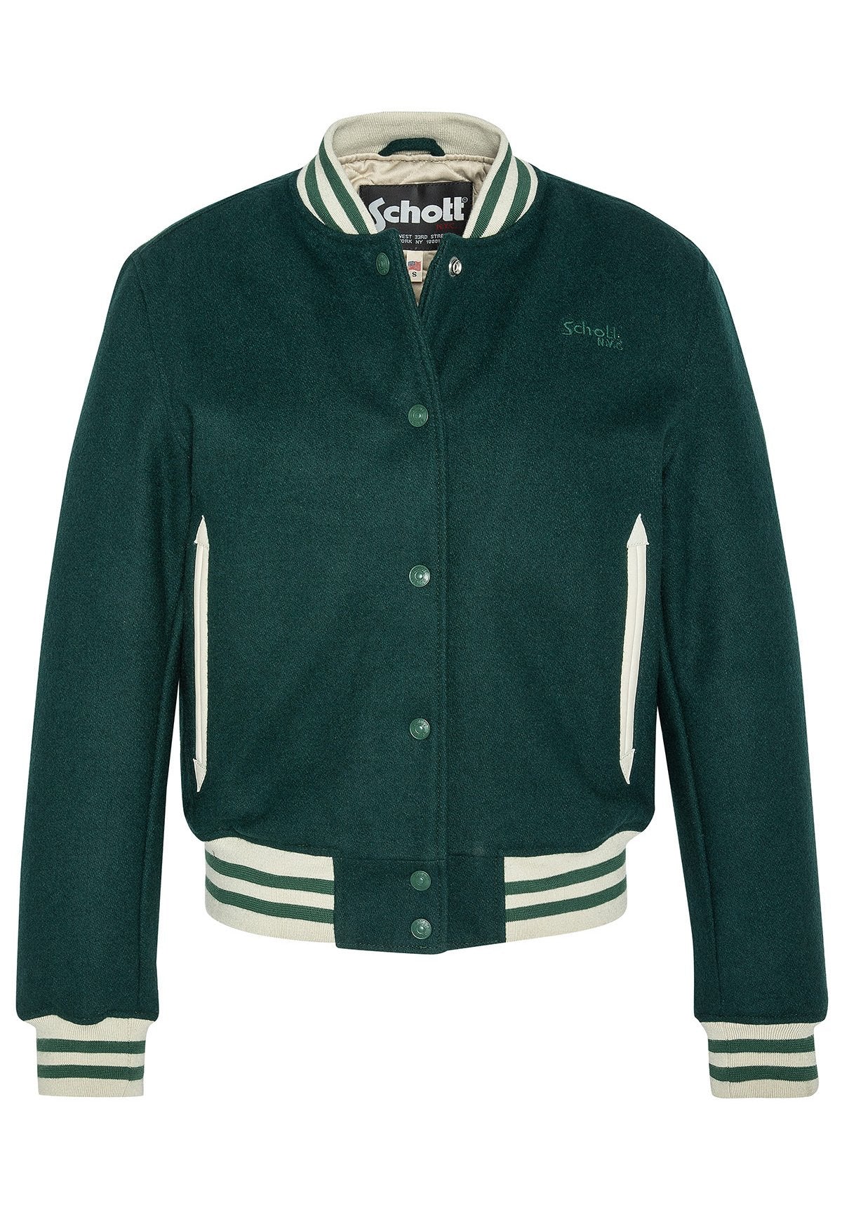 Grüne Wollsportjacke mit crèmefarbenen Akzenten, geripptem Kragen, Bündchen und Saum. Verfügt über einen Knopfverschluss und Seitentaschen. Schott-Branding sichtbar.