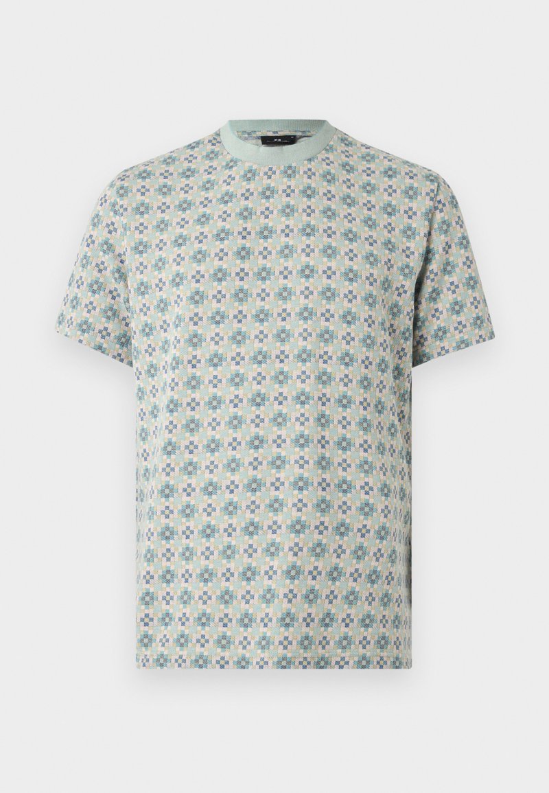 Kurzärmeliges T-Shirt mit Rundhalsausschnitt und einem pastellblauen, grünen und cremefarbenen, karierten Blumenmosaikmuster auf hellem Hintergrund.