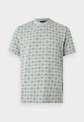Kurzärmeliges T-Shirt mit Rundhalsausschnitt und einem pastellblauen, grünen und cremefarbenen, karierten Blumenmosaikmuster auf hellem Hintergrund.