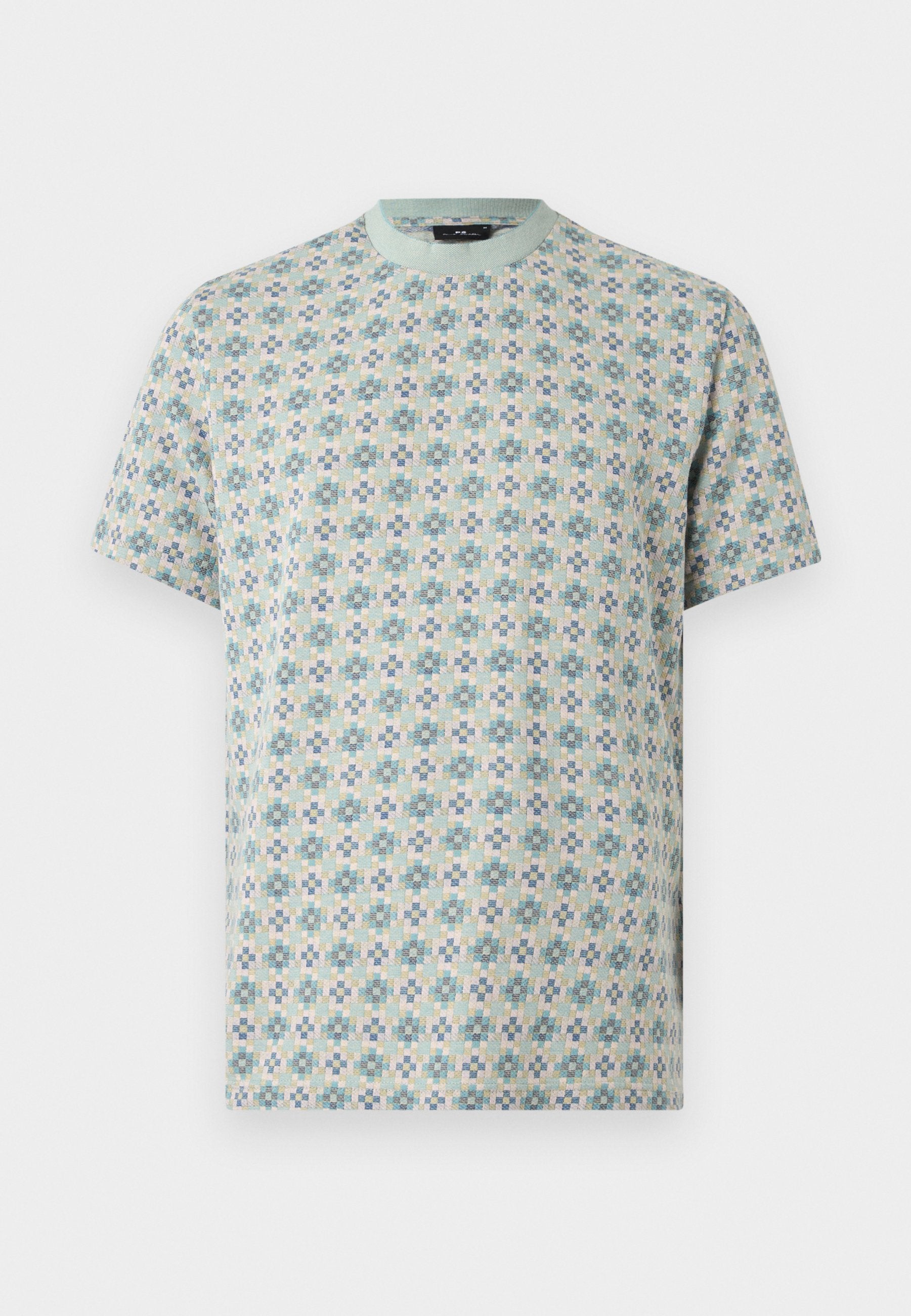 Kurzärmeliges T-Shirt mit Rundhalsausschnitt und einem pastellblauen, grünen und cremefarbenen, karierten Blumenmosaikmuster auf hellem Hintergrund.